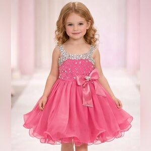 Little Girls Sparkling Pink Party Dress with Satin Bow